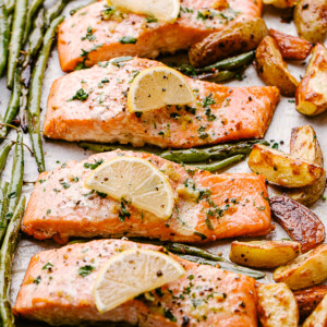 Pan lined with baked salmon