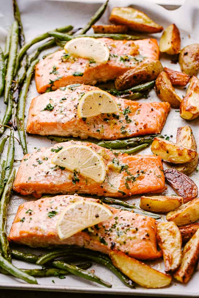 Pan lined with baked salmon