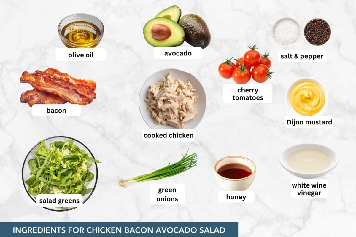 This chicken bacon avocado salad is loaded with juicy chicken, crispy bacon, avocado, and fresh veggies tossed in honey mustard dressing. Ready in 15 minutes! Ingredients for chicken bacon avocado salad, including cooked chicken, bacon, avocado, salad greens, cherry tomatoes, green onions, and honey mustard dressing ingredients.
