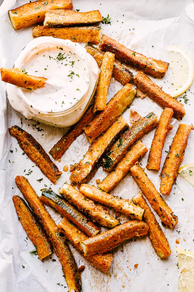 air fried zucchini fries on a tray