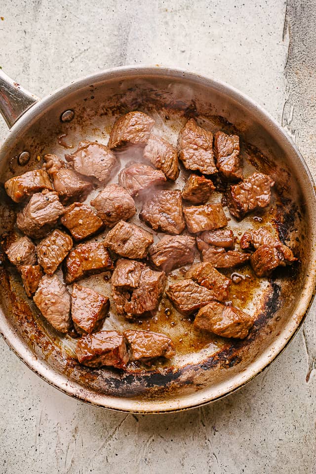 Skillet with sirloin beef tips