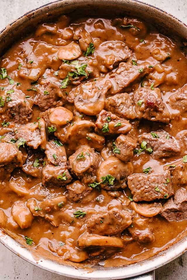 Beef tips and mushrooms in a thick, savory gravy.