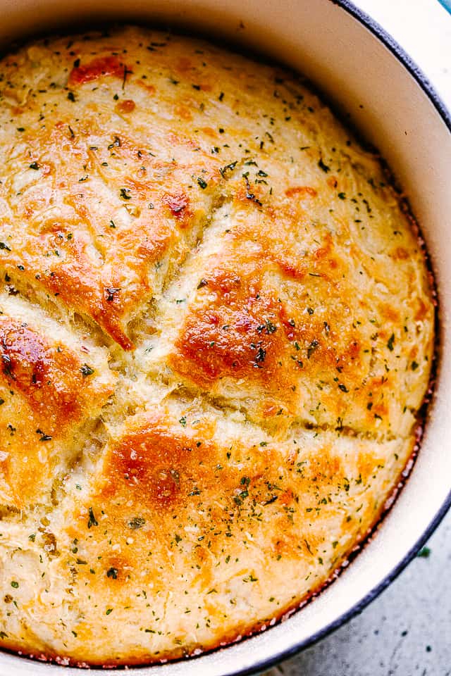 Skillet with cheese bread inside