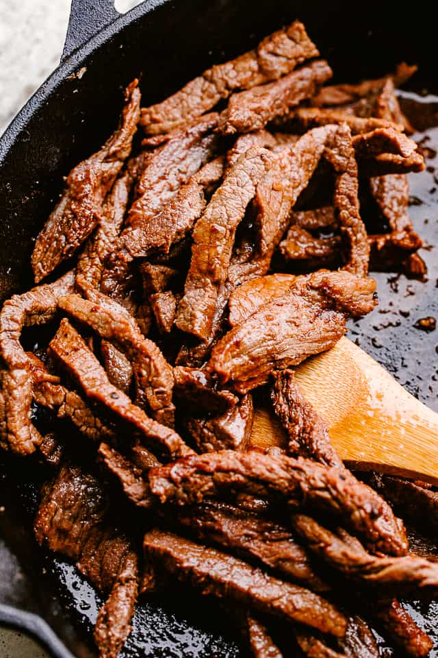 Skillet with flank steak strips