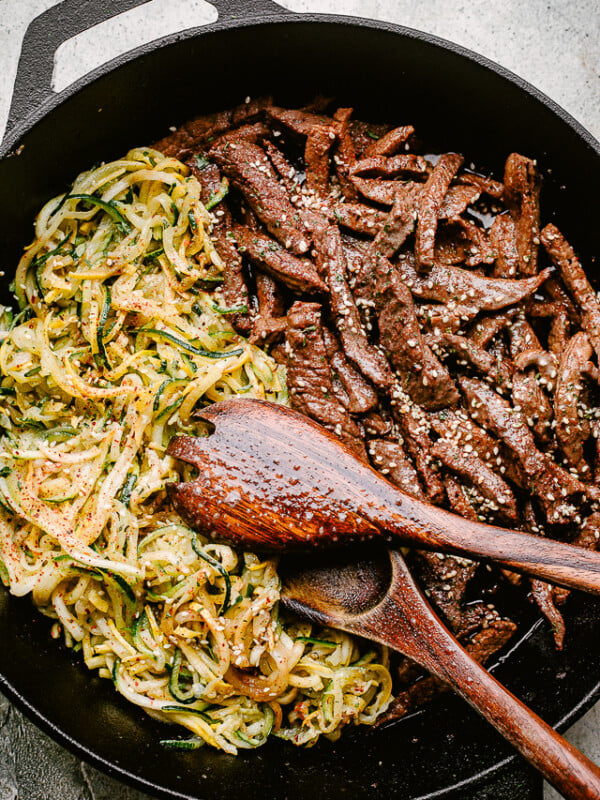 Skillet with flank steak and zoodles
