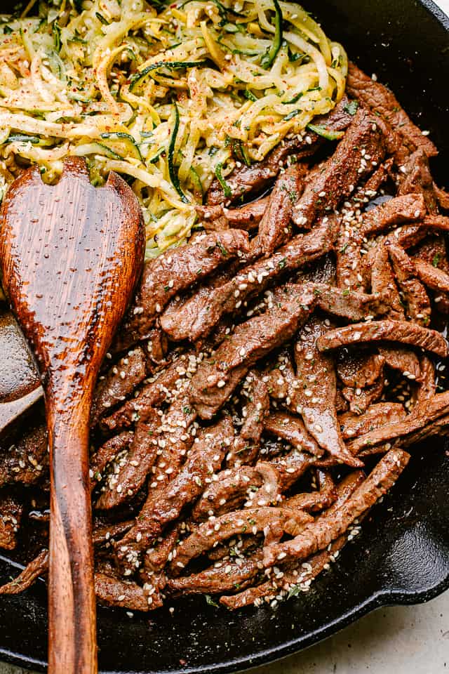 Skillet with flank steak and zucchini noodles