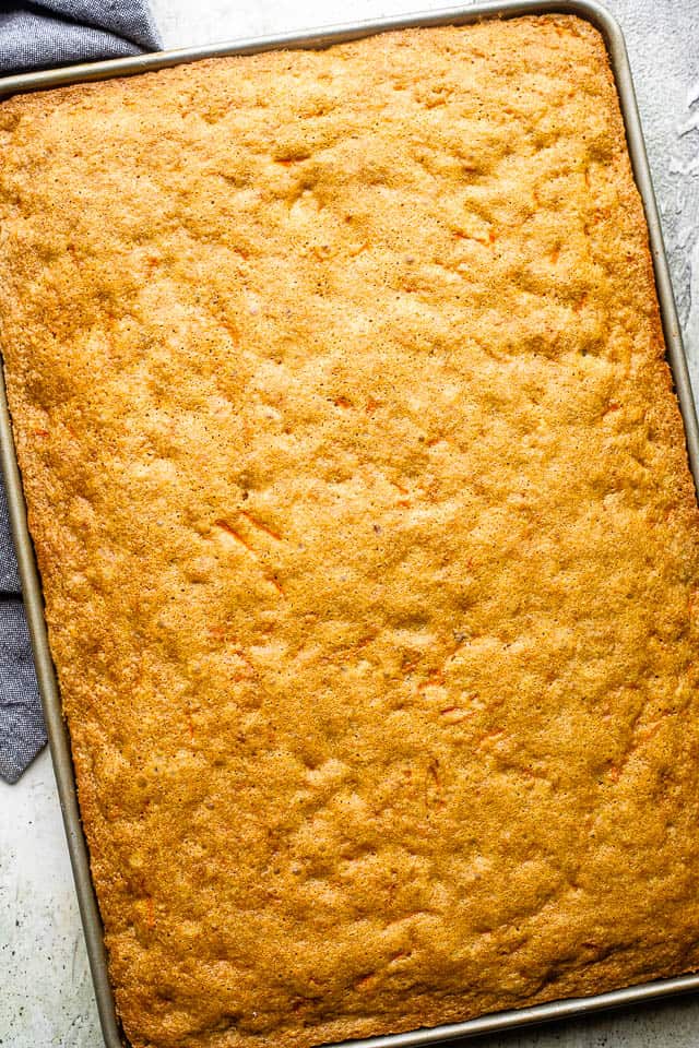 An unfrosted cake in a sheet pan.