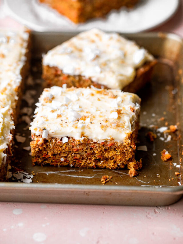 slices of carrot cake in a baking pan