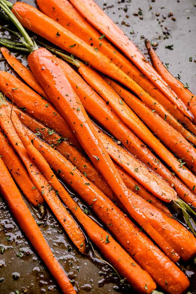 Pan of sweet Honey Balsamic Oven Roasted Carrots