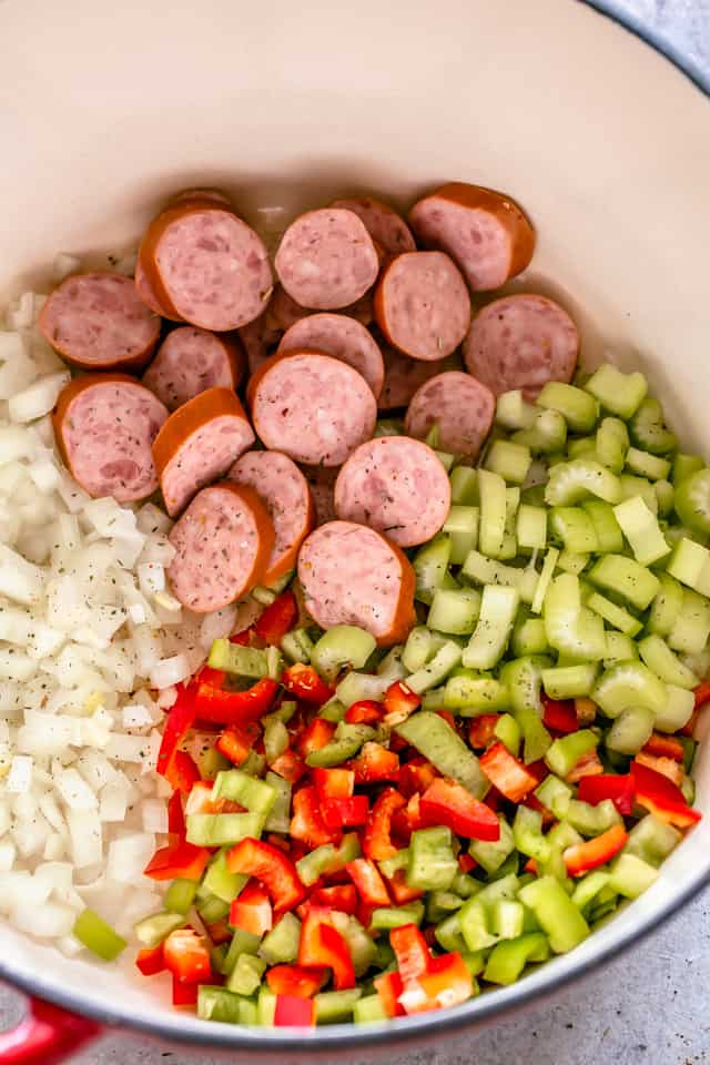 Sausage, celery, onions, and peppers ready to saute.