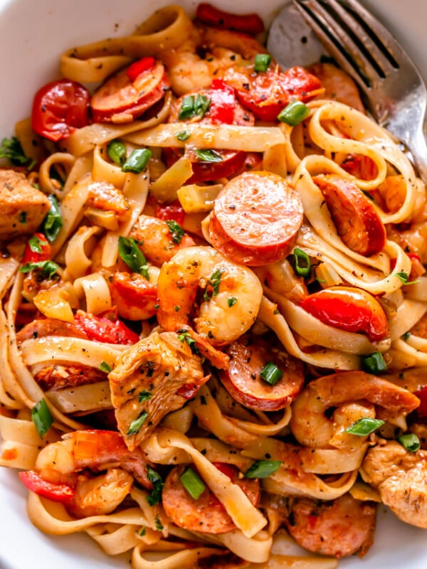 One Pot Jambalaya served in a white dish with pasta