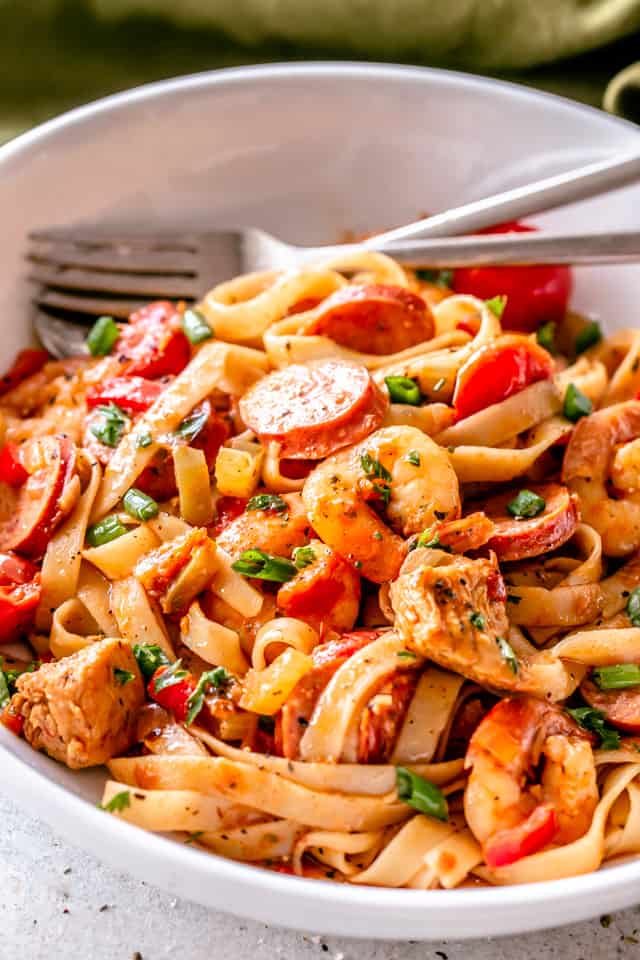 One Pot Jambalaya served in a white dish with pasta