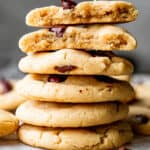 A small stack of chocolate chip cookies.