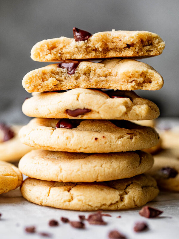 A small stack of chocolate chip cookies.