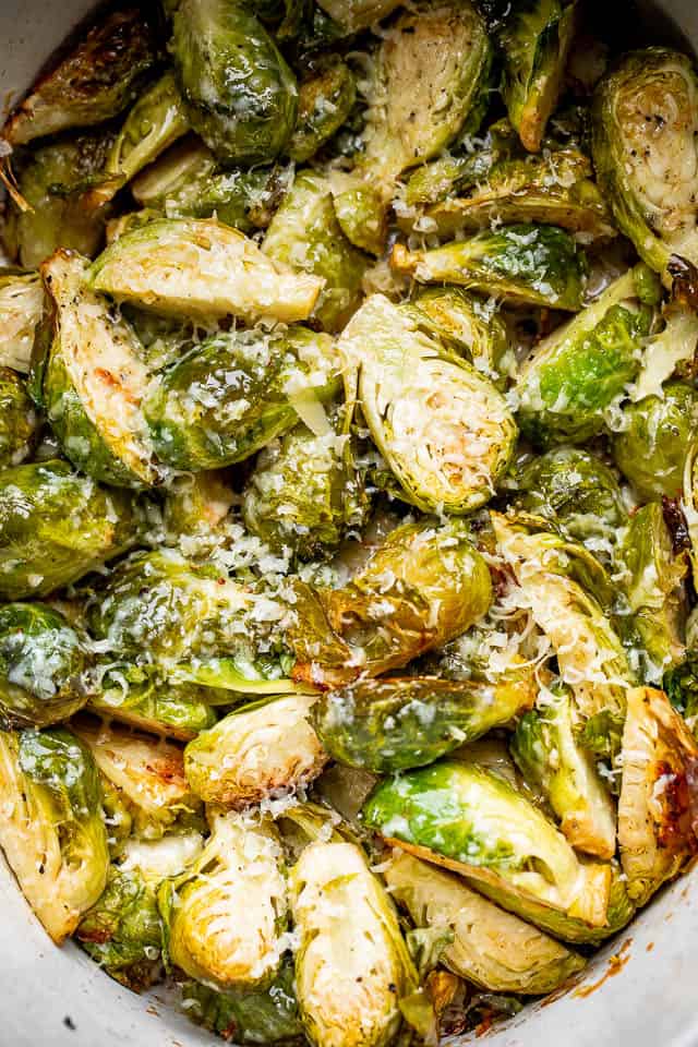 slow cooker brussel sprouts topped with parmesan