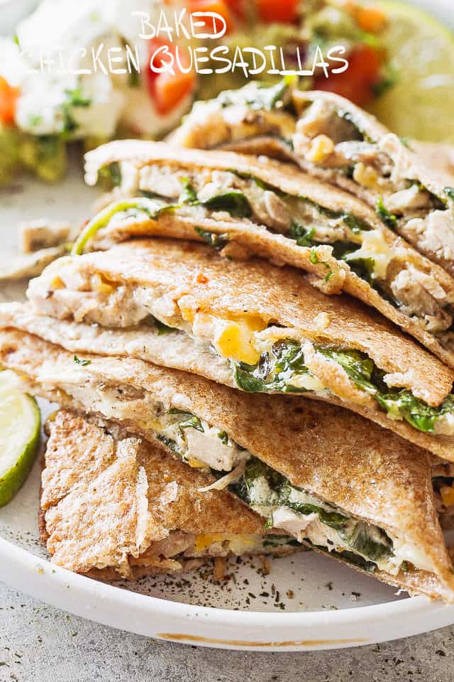 side view of stacked baked chicken quesadillas