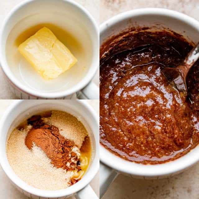 collage of step by step photos for how to make a chocolate mug cake