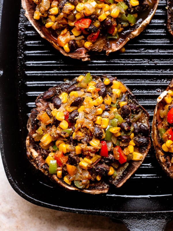 grilling mushrooms stuffed with black beans and corn