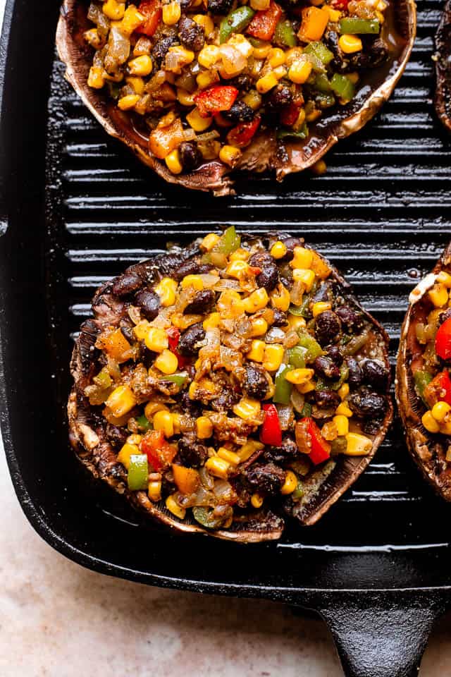 grilling mushrooms stuffed with black beans and corn