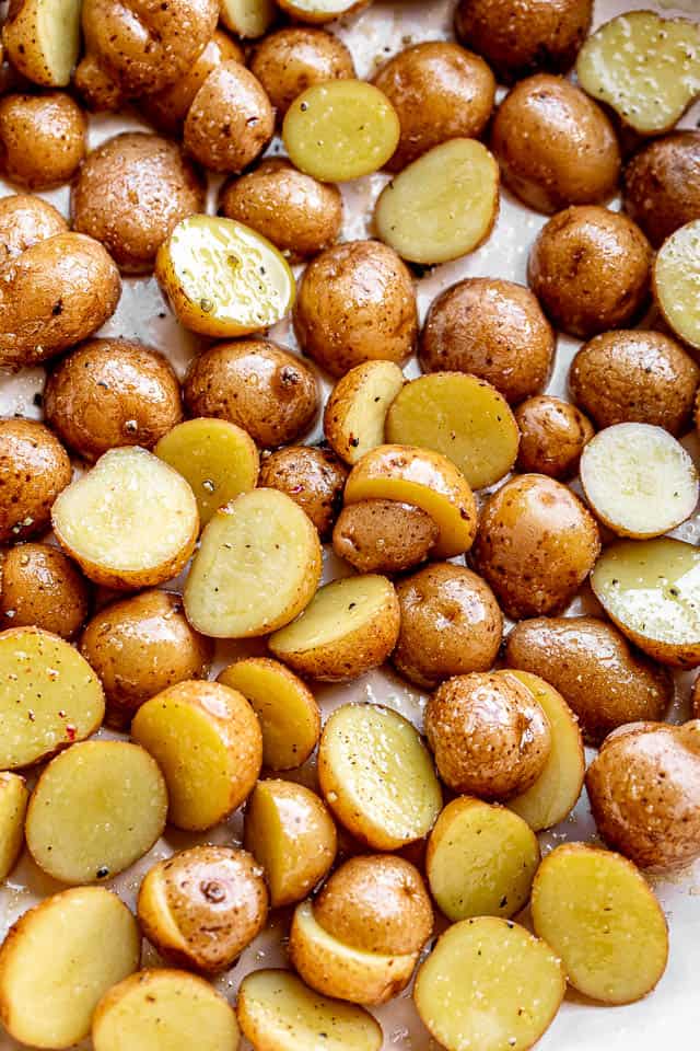 top view of yellow potatoes cut in half