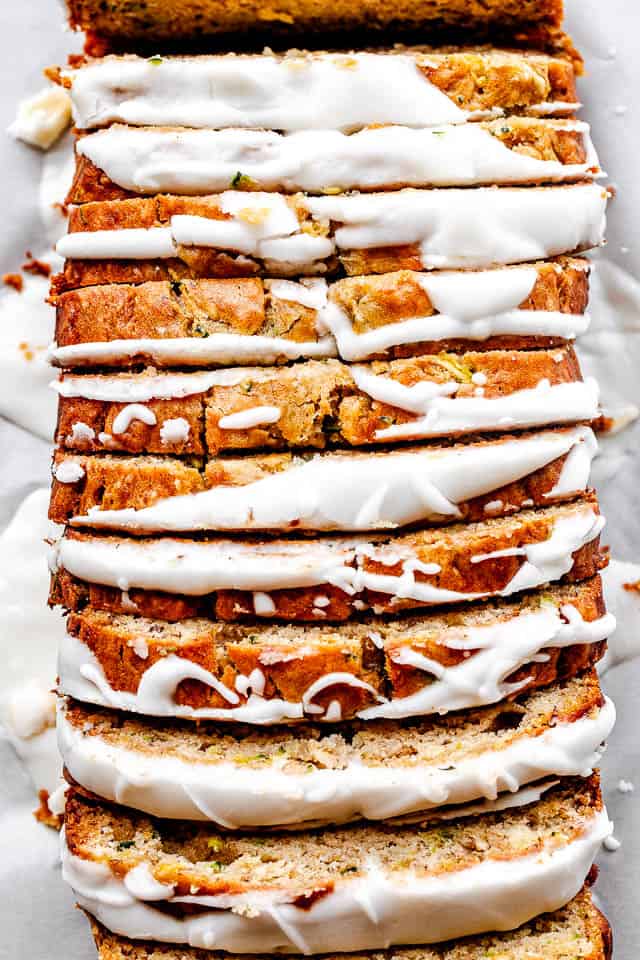 sliced and frosted banana zucchini bread