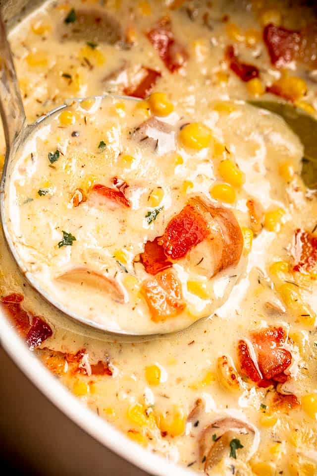 ladling corn chowder soup out of the Instant Pot