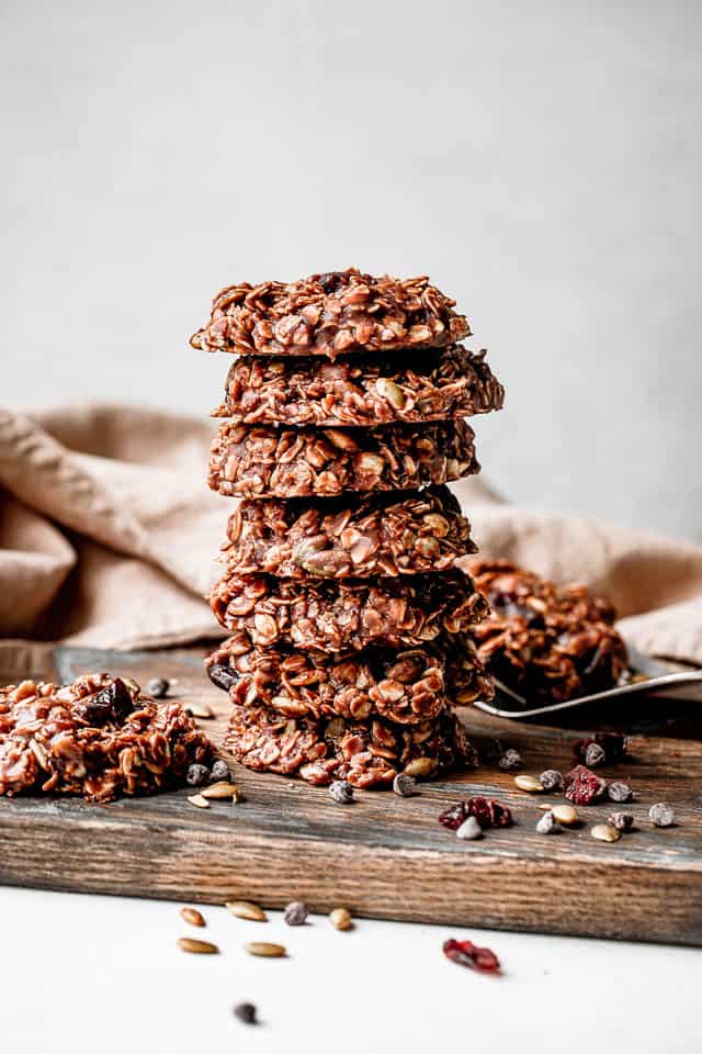 a stack of seven no-bake cookies
