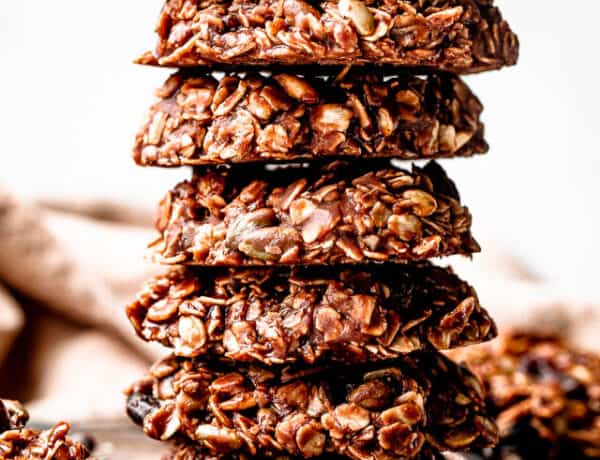 close up shot of a stack of seven no-bake cookies