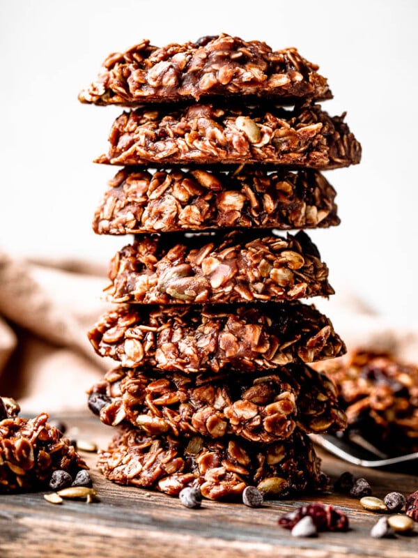 close up shot of a stack of seven no-bake cookies