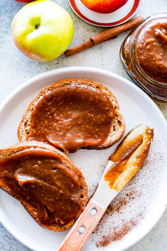 Overhead shot of Instant Pot Apple Butter spread on sliced bread