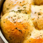 side view close up shot of baked dinner rolls sprinkled with herbs and set in a pan