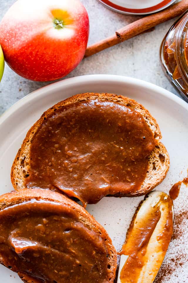 Overhead shot of Instant Pot Apple Butter spread on sliced bread