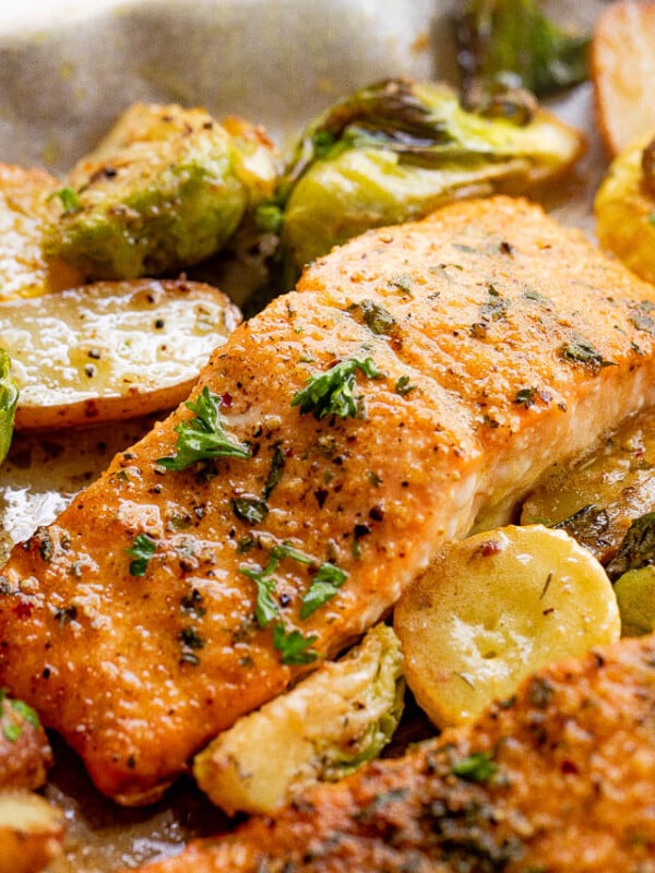 close up shot of roasted salmon fillets with brussel sprouts and yellow squash