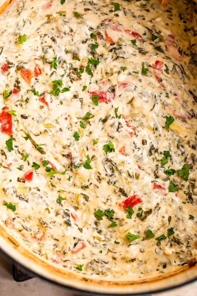 upclose overhead shot of cooked spinach artichoke dip