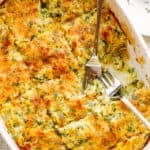 overhead picture of squash and zucchini casserole in baking dish