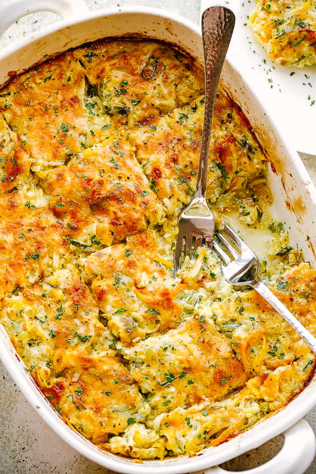 overhead picture of squash and zucchini casserole in baking dish