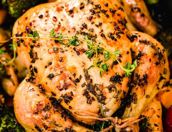 overhead close up shot of whole roast chicken