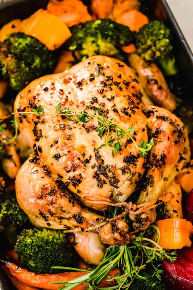 overhead close up shot of whole roast chicken