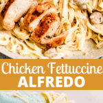 two picture collage of chicken fettuccine alfredo