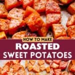 Honey garlic roasted sweet potatoes Pinterest image.