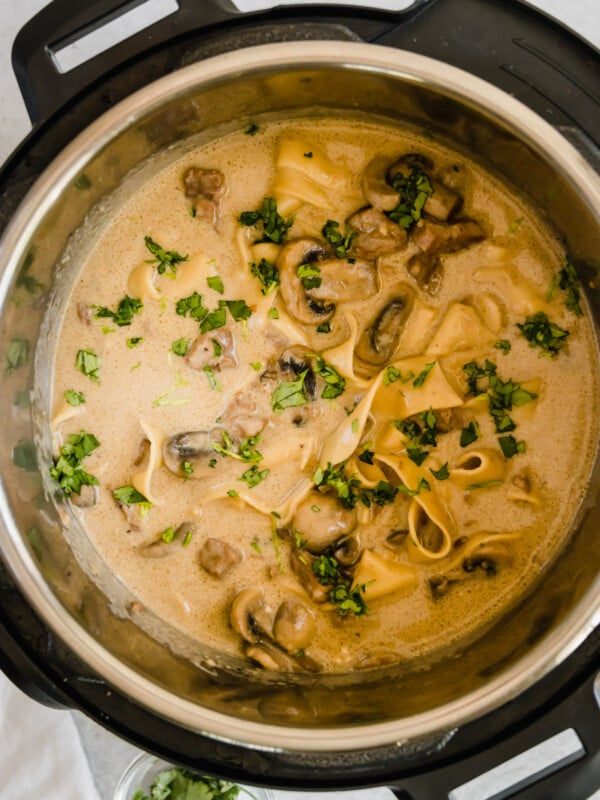 A Bird's Eye Image of Beef Stroganoff in an Instant Pot