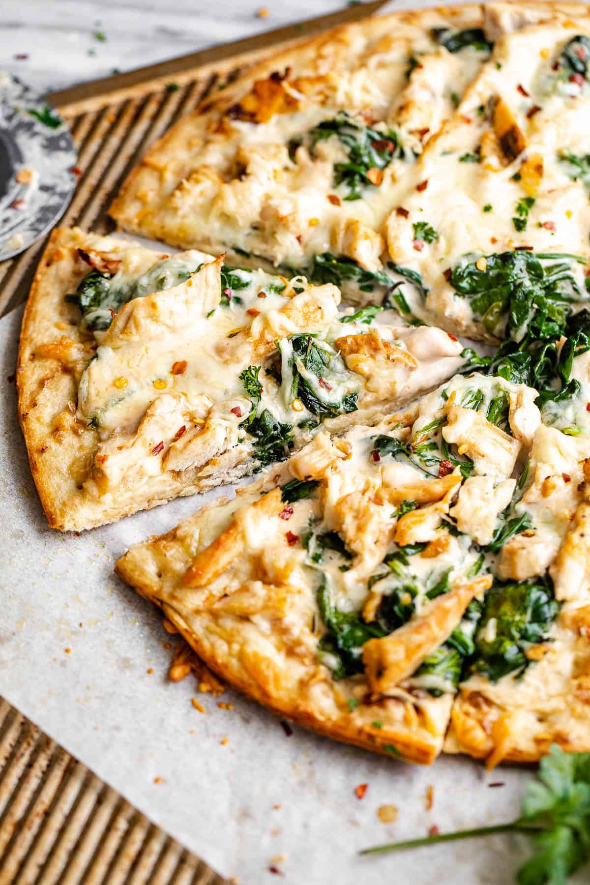 Local pizza favorite with creamy chicken alfredo pizza.