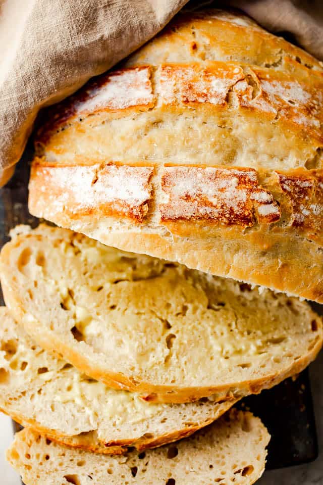 overhead shot of sliced dutch oven bread