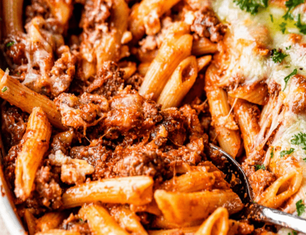 Top view of a casserole dish of Baked Ziti