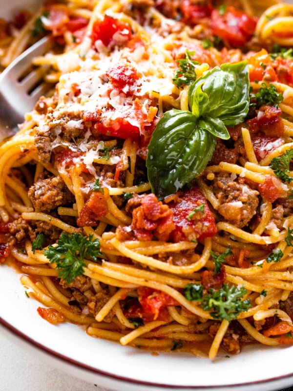 close up shot of spaghetti with ground beef, tomatoes, and fresh basil
