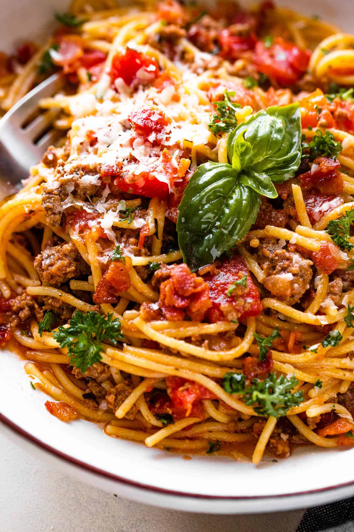 close up shot of spaghetti with ground beef, tomatoes, and fresh basil