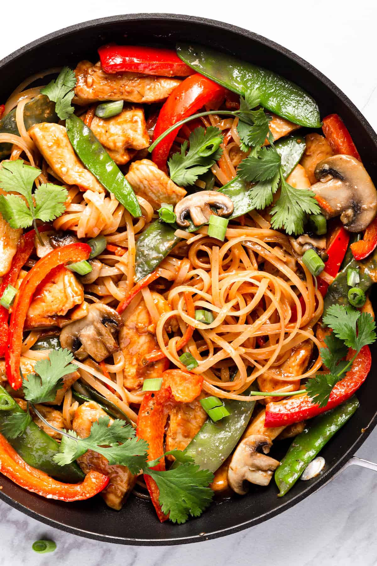 Chicken Lo Mein with Veggies in a Black Skillet on the Counter
