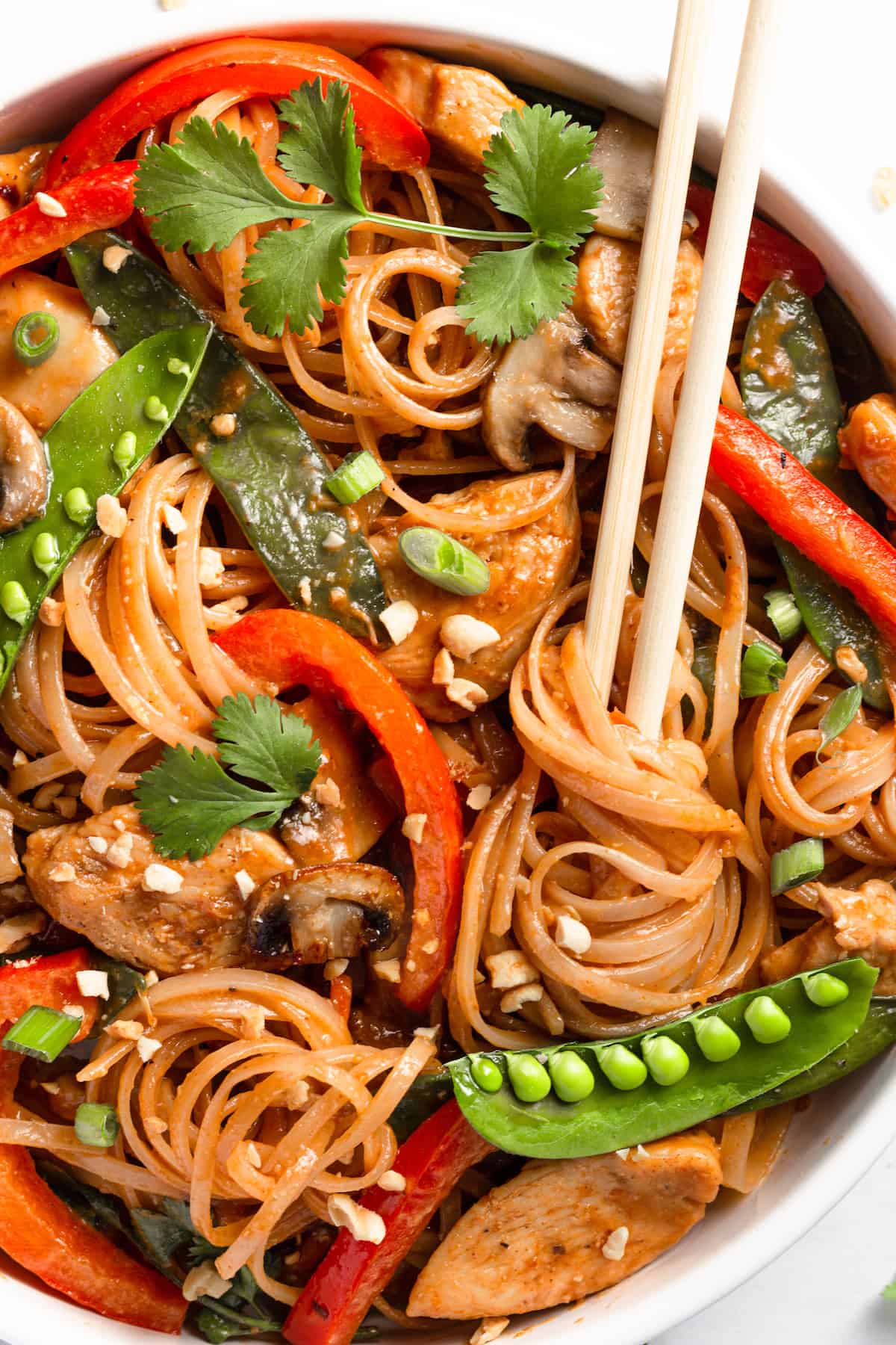 Chicken Lo Mein in a Bowl with a Pair of Wooden Chopsticks