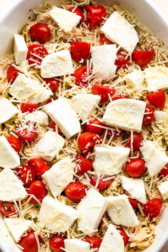 chicken caprese casserole in a white baking dish topped with fresh mozzarella chunks and cherry tomatoes