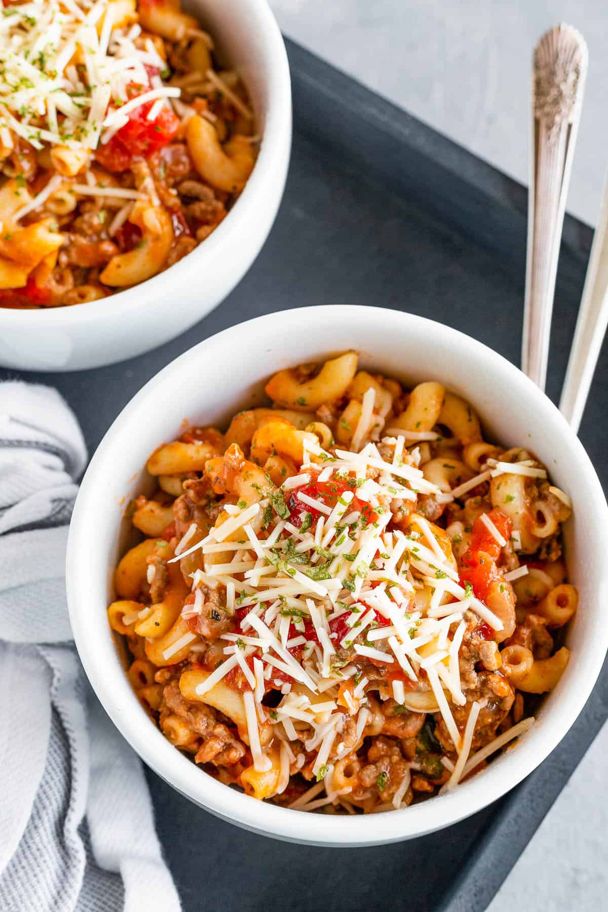 two bowls with American Goulash